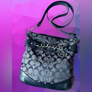 COACH Signature C Black on Black Sateen & Leather Chain Duffle Crossbody Bag